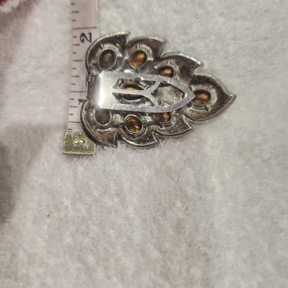 Vtg Silver‎ Tone Teal Blue Rhinestone Peacock Feather Dress Fur Clip pot metal